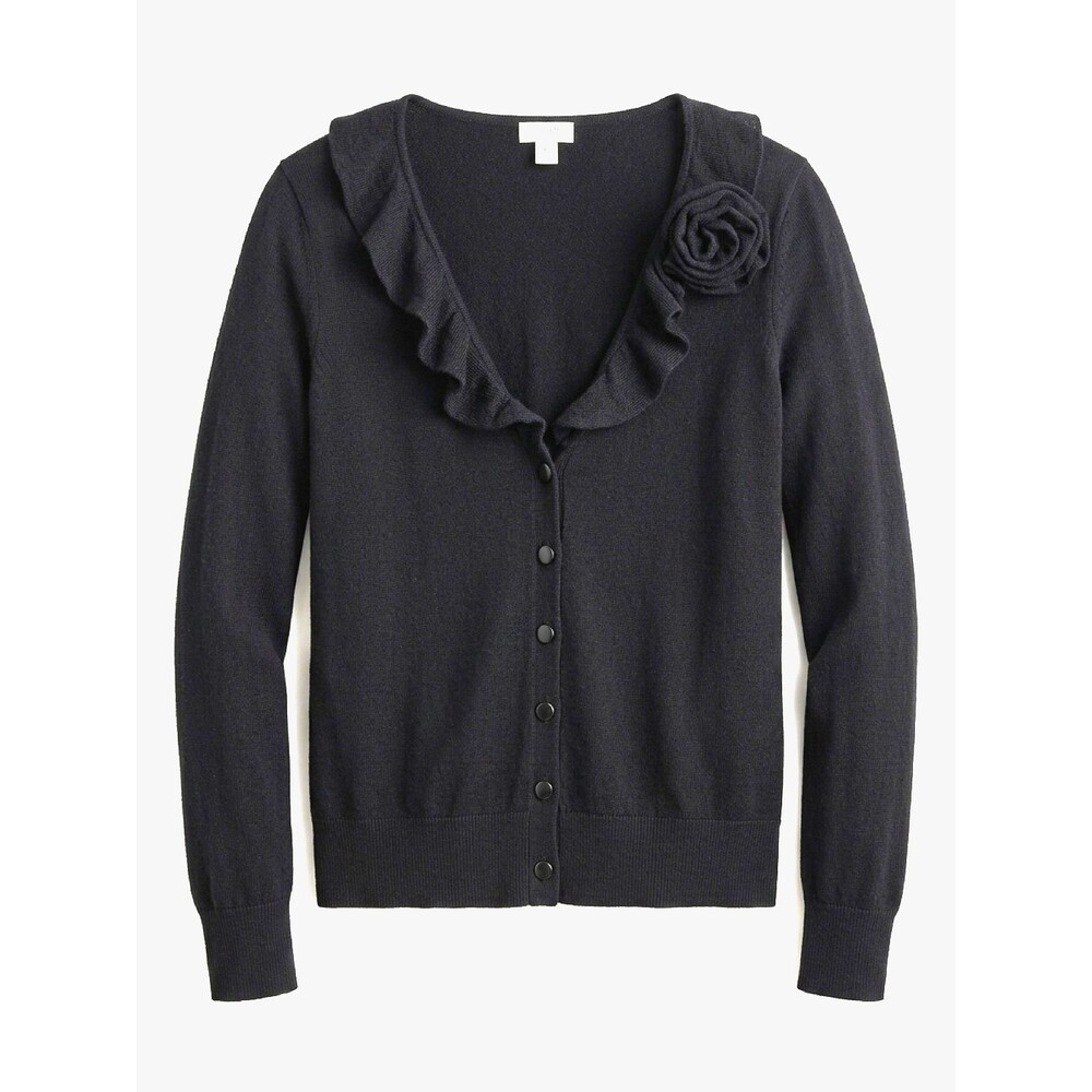 Womens Sweater Caridgan J Crew Black V Neck Ruffle SzM coquette dark academia